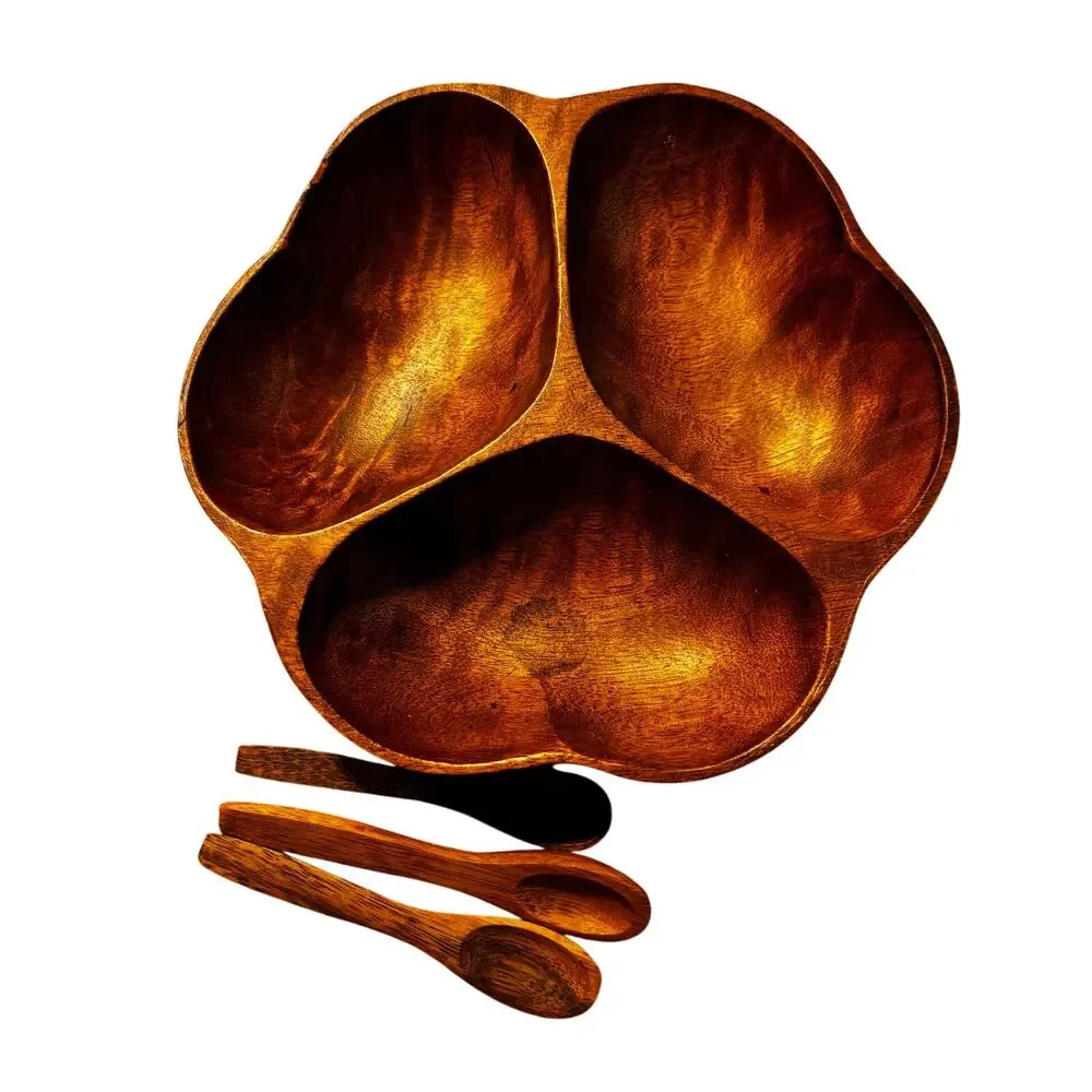Carved wood 3-section snack serving tray bowl & matching mini wooden spoons set